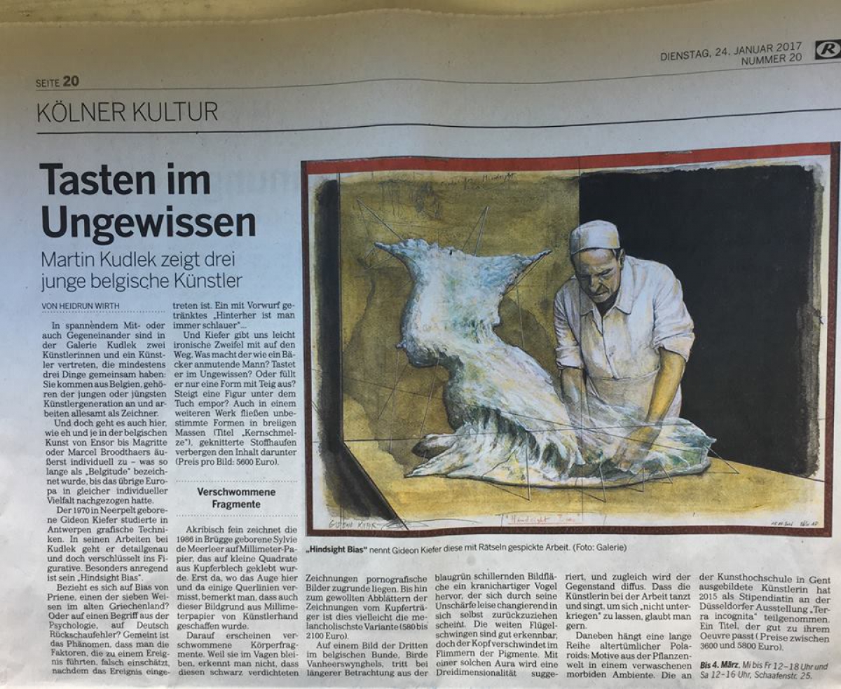 Article in the 'Kölner Kultur' on the Belgian three man show 'Sylvie De Meerleer – Gideon Kiefer – Birde Vanheerswynghels' at the Martin Kudlek Galerie, Cologne (DE)