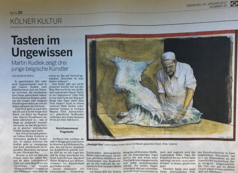Article in the 'Kölner Kultur' on the Belgian three man show 'Sylvie De Meerleer – Gideon Kiefer – Birde Vanheerswynghels' at the Martin Kudlek Galerie, Cologne (DE)
